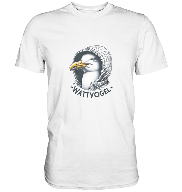 Motiv Möwe mit Kaputze Schriftzug Wattvogel  - T-Shirt Herren