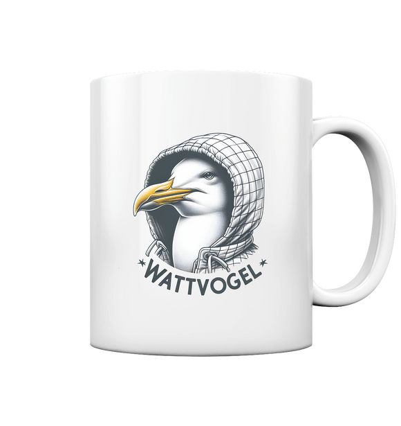 Motiv Möwe mit Kaputze Schriftzug Wattvogel  - Tasse glossy