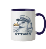 Lustige Möwe mit Kapitänsmütze Wattvogel am Nordsee Strand mit Leuchtturm - Tasse zweifarbig
