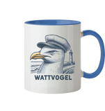 Lustige Möwe mit Kapitänsmütze Wattvogel am Nordsee Strand mit Leuchtturm - Tasse zweifarbig