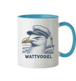 Lustige Möwe mit Kapitänsmütze Wattvogel am Nordsee Strand mit Leuchtturm - Tasse zweifarbig