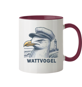 Lustige Möwe mit Kapitänsmütze Wattvogel am Nordsee Strand mit Leuchtturm - Tasse zweifarbig