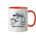 Lustige Möwe mit Kapitänsmütze Wattvogel am Nordsee Strand mit Leuchtturm - Tasse zweifarbig